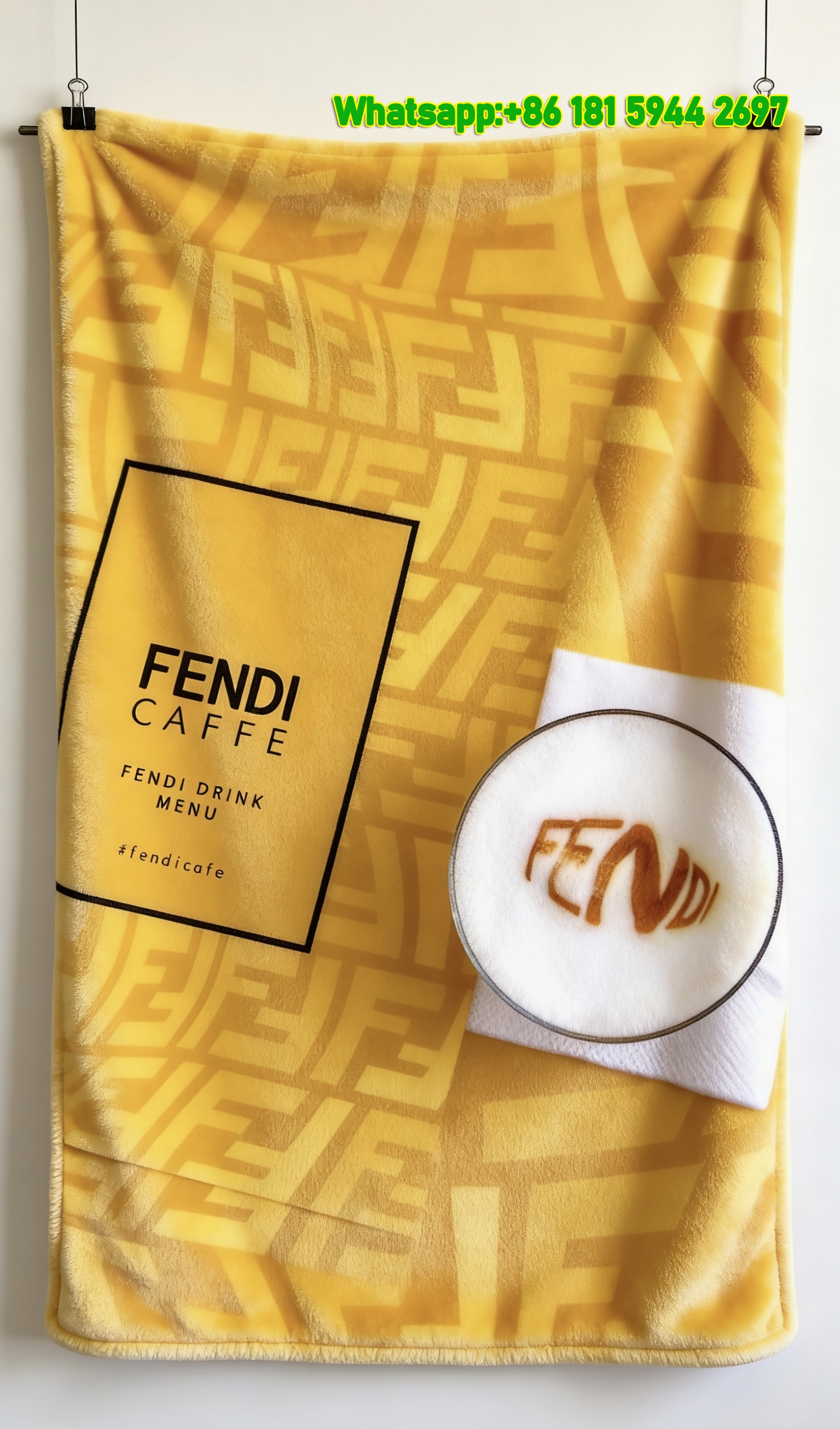 Fendi Caffé Yellow Monogram Flannel Throw Blanket IMG_9621